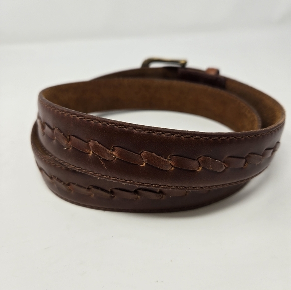 EDDIE BAUER BROWN LEATHER BELT BRASS BUCKLE TWISTED STITCHES MEN SIZE 36 WESTERN - Picture 15 of 15